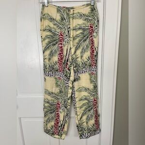 100% Silk Hawaiian Tropical Palm Tree Print Pants Womens size 8 Vacation Cruise